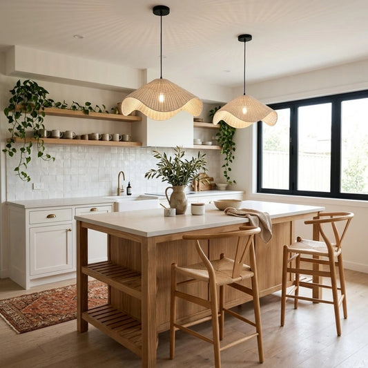 Adaya White Wicker Rattan Pendant Light in Boho Kitchen Island