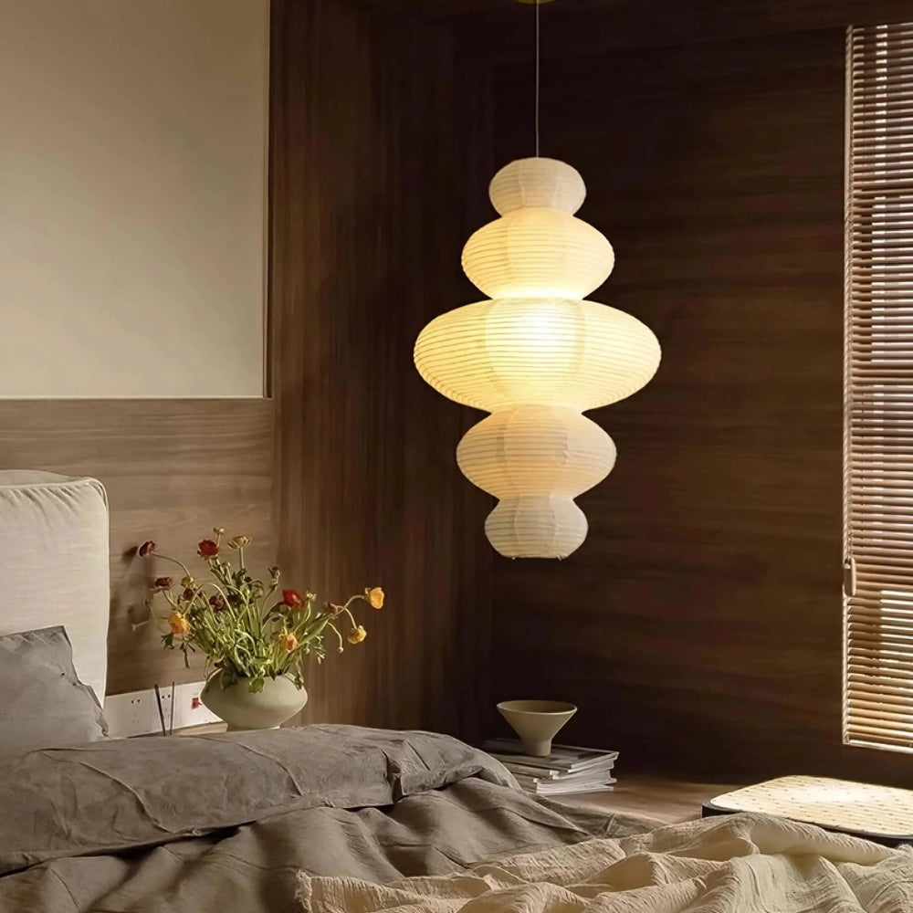 Akari Juni Japanese Wabi Sabi rice paper pendant light in bedroom