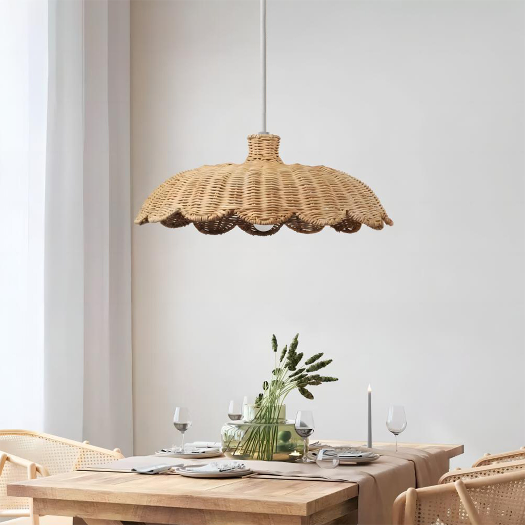 Alice Scallop Rattan Pendant Light over Boho Dining Table