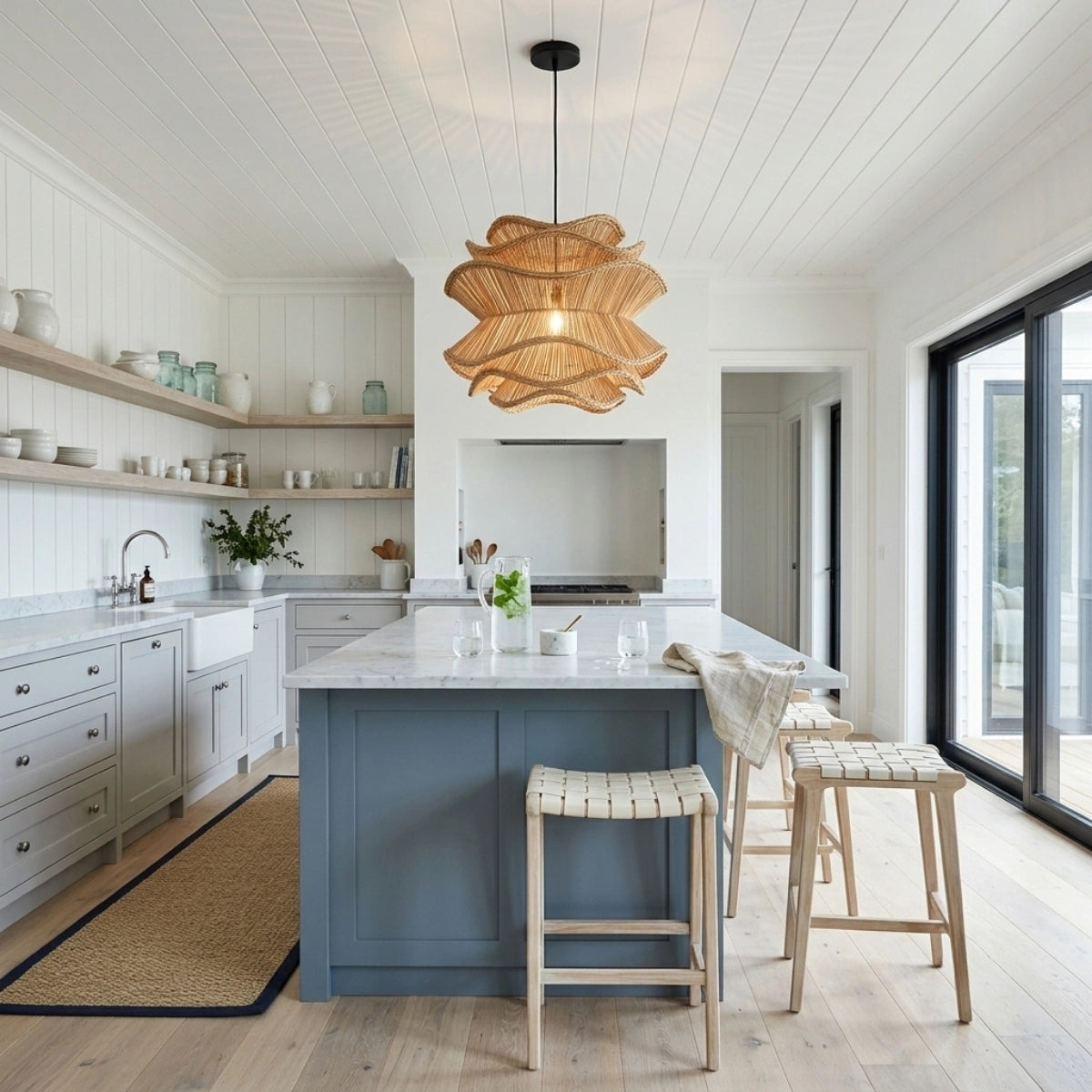 Alondra Rattan Wave Pendant Light 5 Bulbs Wavy Shade in Coastal Kitchen Island