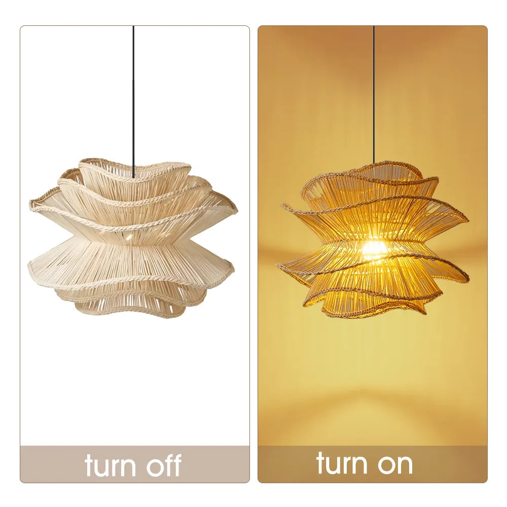 Alondra White Rattan Wave Pendant Light when Turn On and Turn Off