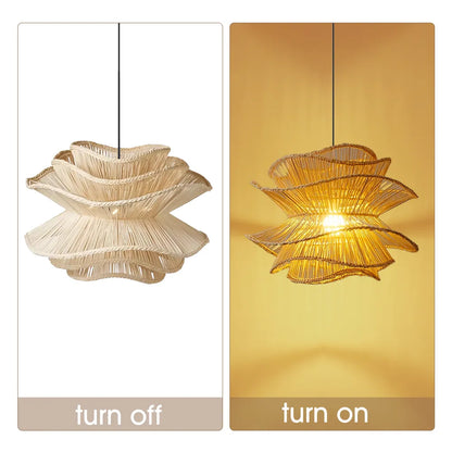 Alondra White Rattan Wave Pendant Light when Turn On and Turn Off