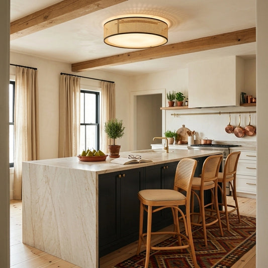 Alora Lyla Rattan Drum Light Flush Mount in Boho Kitchen Island