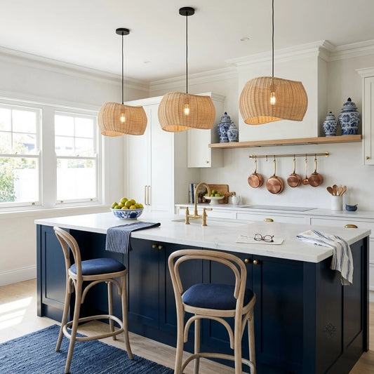 Althea Wicker Rattan Pendant Light in Coastal Kitchen Island