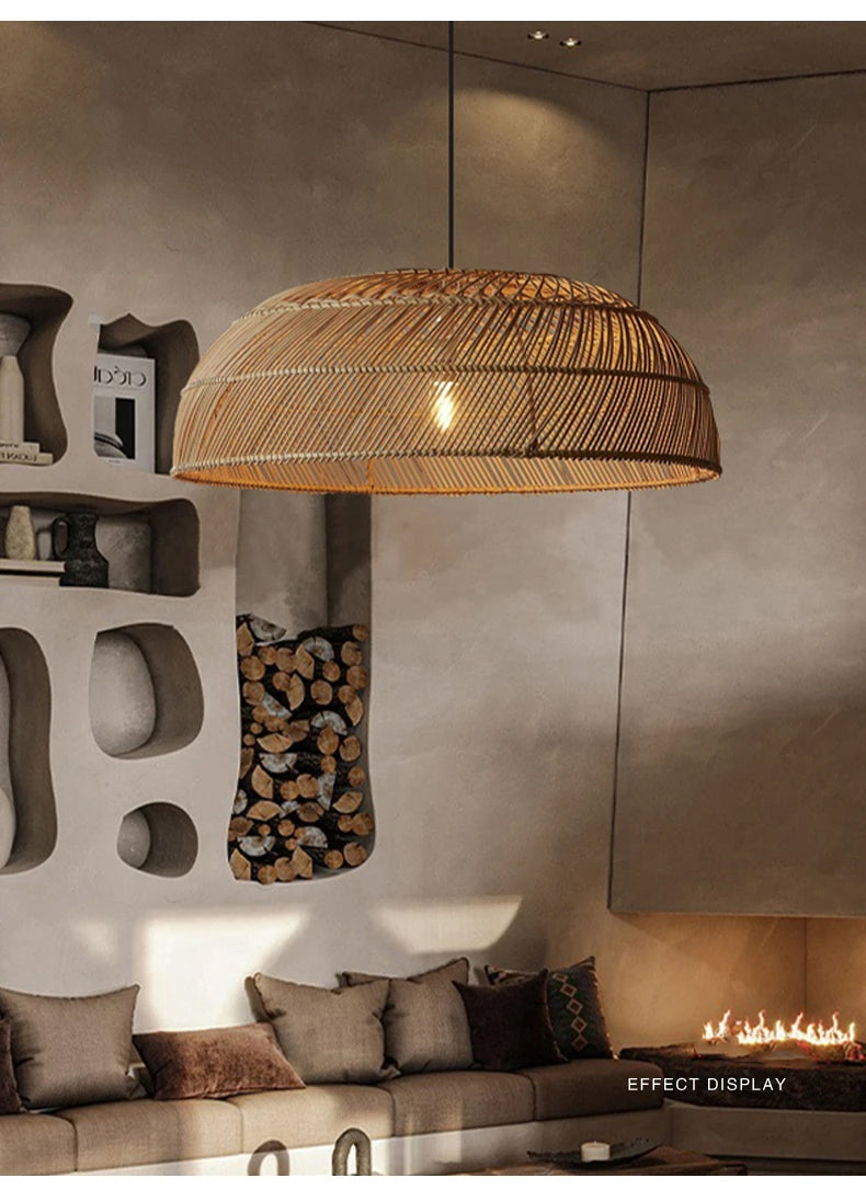 Amara Large Dome Rattan Pendant Light over Wabi Sabi Living Room