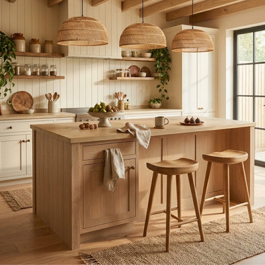 Amara Large Dome Rattan Woven Pendant Light in Boho Kitchen Island