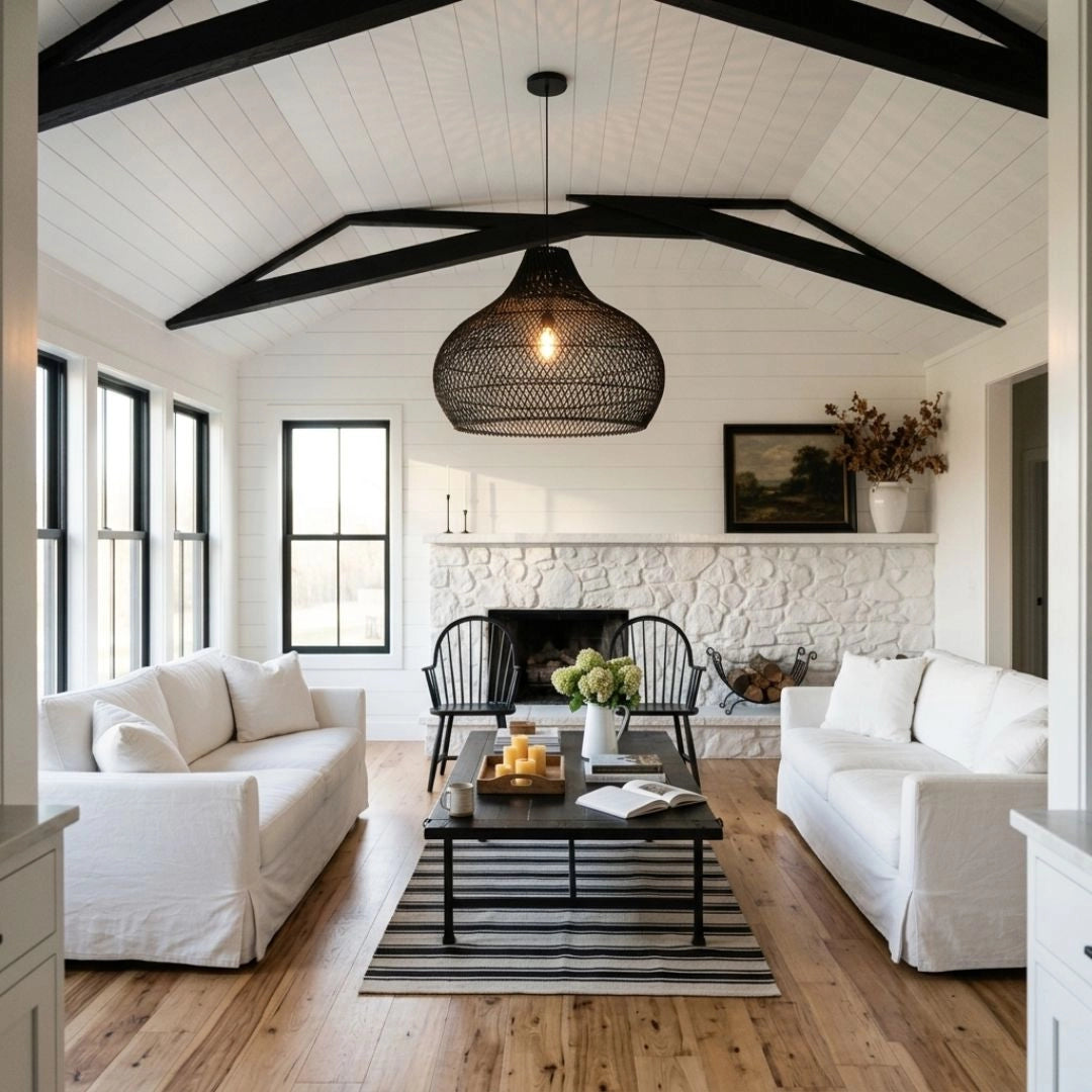 Anjani Large Dome Black Rattan Pendant Light Living Room