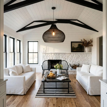 Anjani Large Dome Black Rattan Pendant Light Living Room