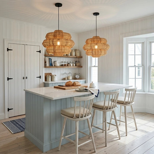 Antibes Extra Large Multi Tiered Rattan Chandelier in Coastal Kitchen Island