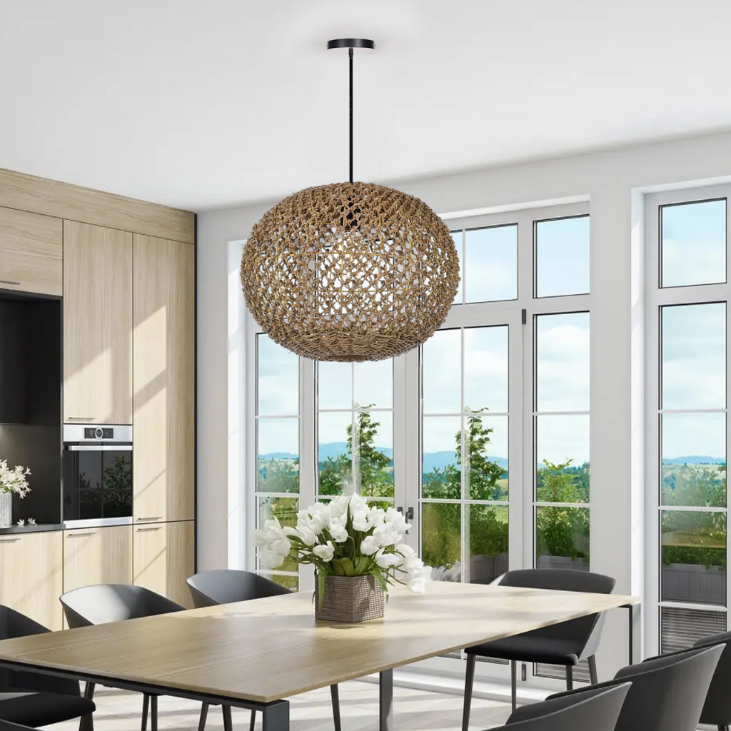 Antigua Flat Round Wicker Pendant Light over Farmhouse Dining Room
