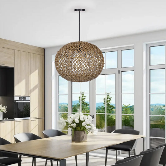 Antigua Flat Round Wicker Pendant Light over Farmhouse Dining Room