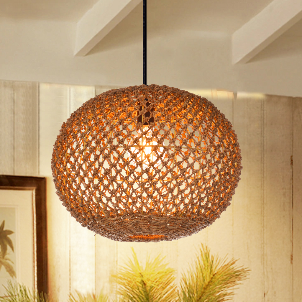 Antigua Flat Round Wicker Pendant Light when turn on