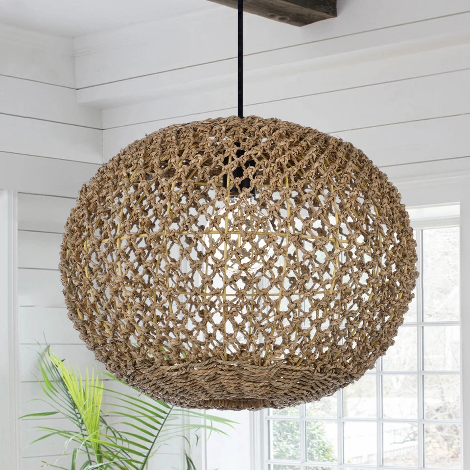 Antigua Flat Round Wicker Pendant Light