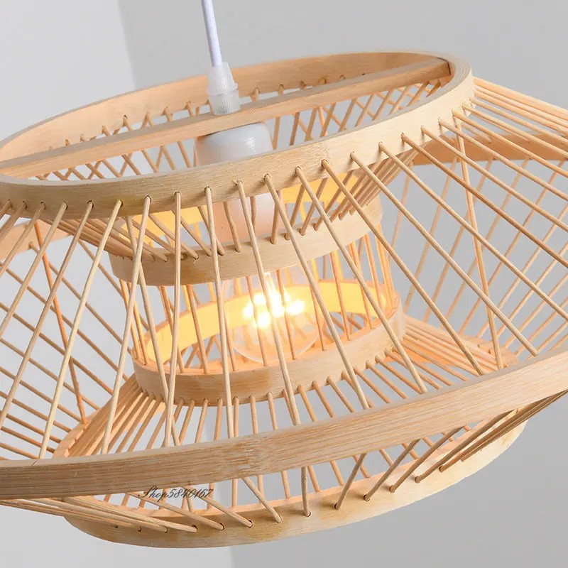 Antique Japanese Bamboo Pendant Light Round Woven Shade
