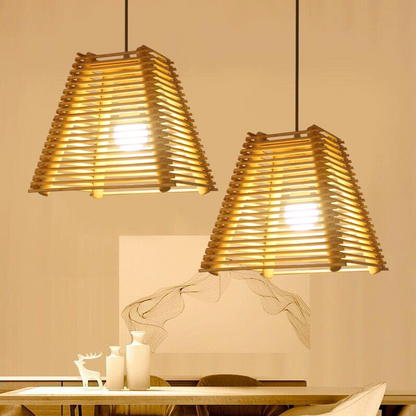 Arana Japanese Bamboo Pendant Lights over Japandi Dining Table