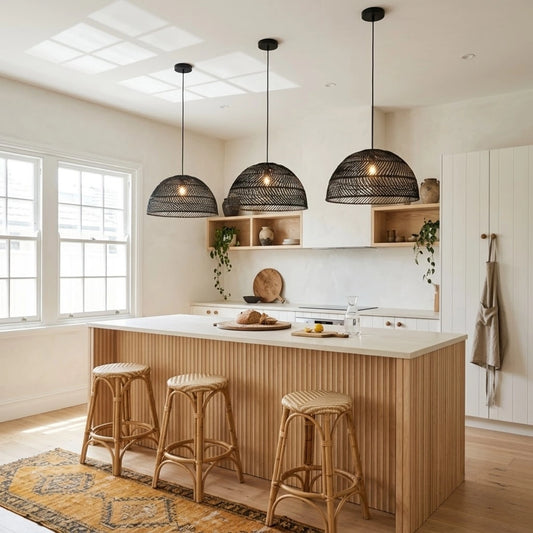 Archer Dome Black Rattan Pendant Light in Boho Kitchen Island