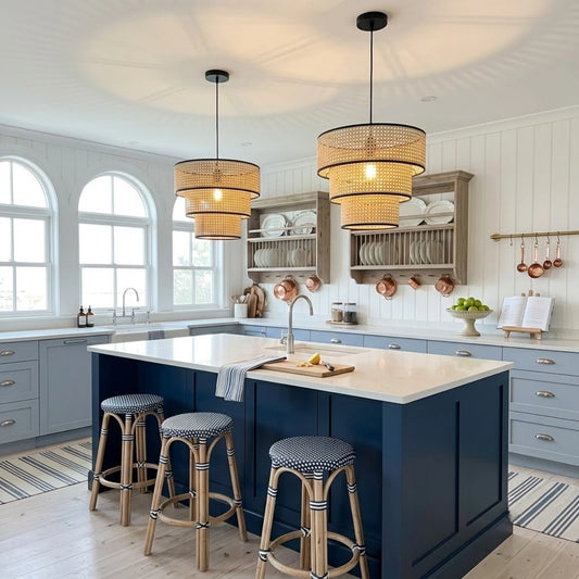 ArcoMead 3 Tiered Rattan Drum Pendant Light in Coastal Kitchen Island