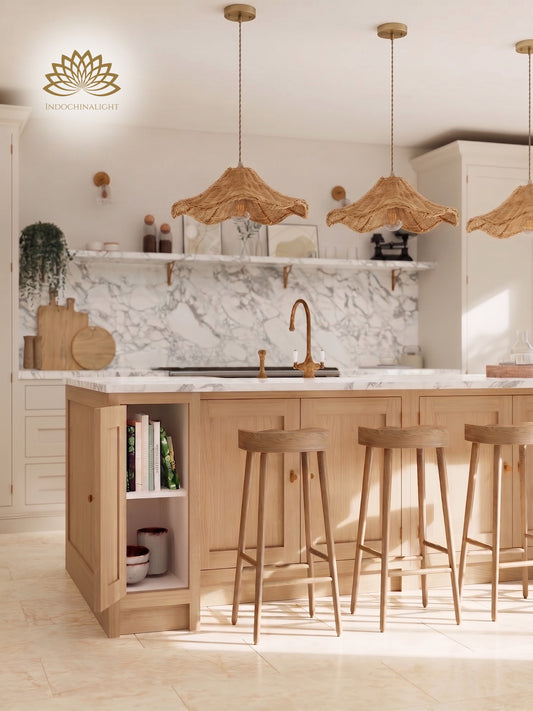 Ariel Wavy Rattan Pendant Lights over Boho Kitchen Island