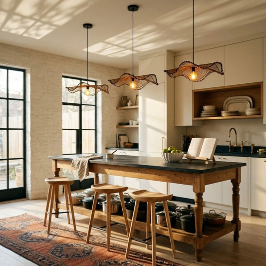 Arteriors Waverly Large Brown Rattan Pendant Light in Boho Kitchen Island