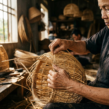 Artisan hand-weaving a one-of-a-kind rattan basket pendant shade to order in Vietnam