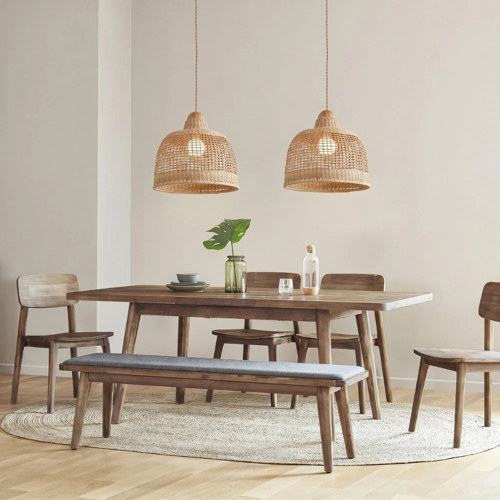 Arturesthome rattan basket pendant lights hang over Wooden dining table