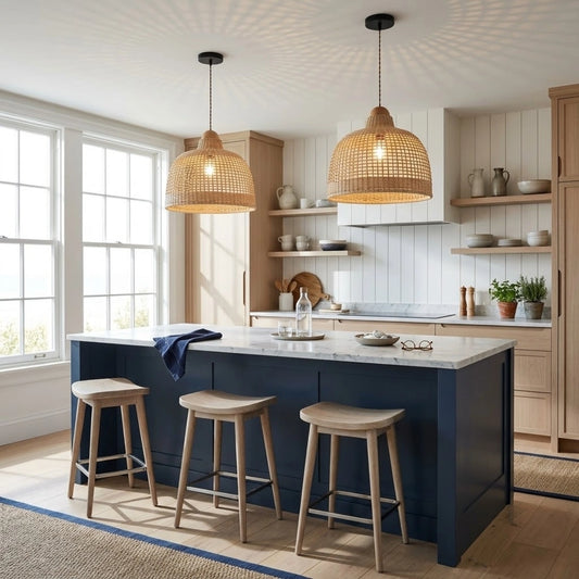 Arturesthome Rattan Basket Weave Pendant Light in Coastal Kitchen Island