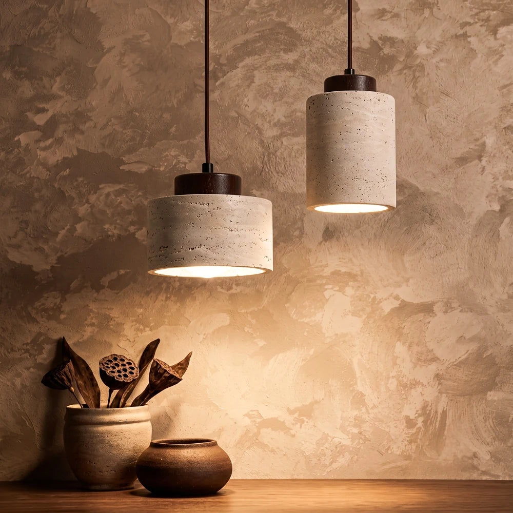 Arvo Wabi Sabi Cylinder Travertine Stone Pendant Light