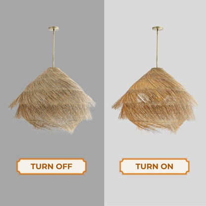 ashburn rattan fringe pendant light when the light is on and off