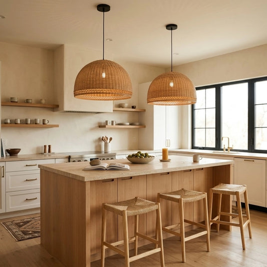 Augusta Dome Wicker Rattan Pendant Light Half Round Shade in Boho Kitchen Island