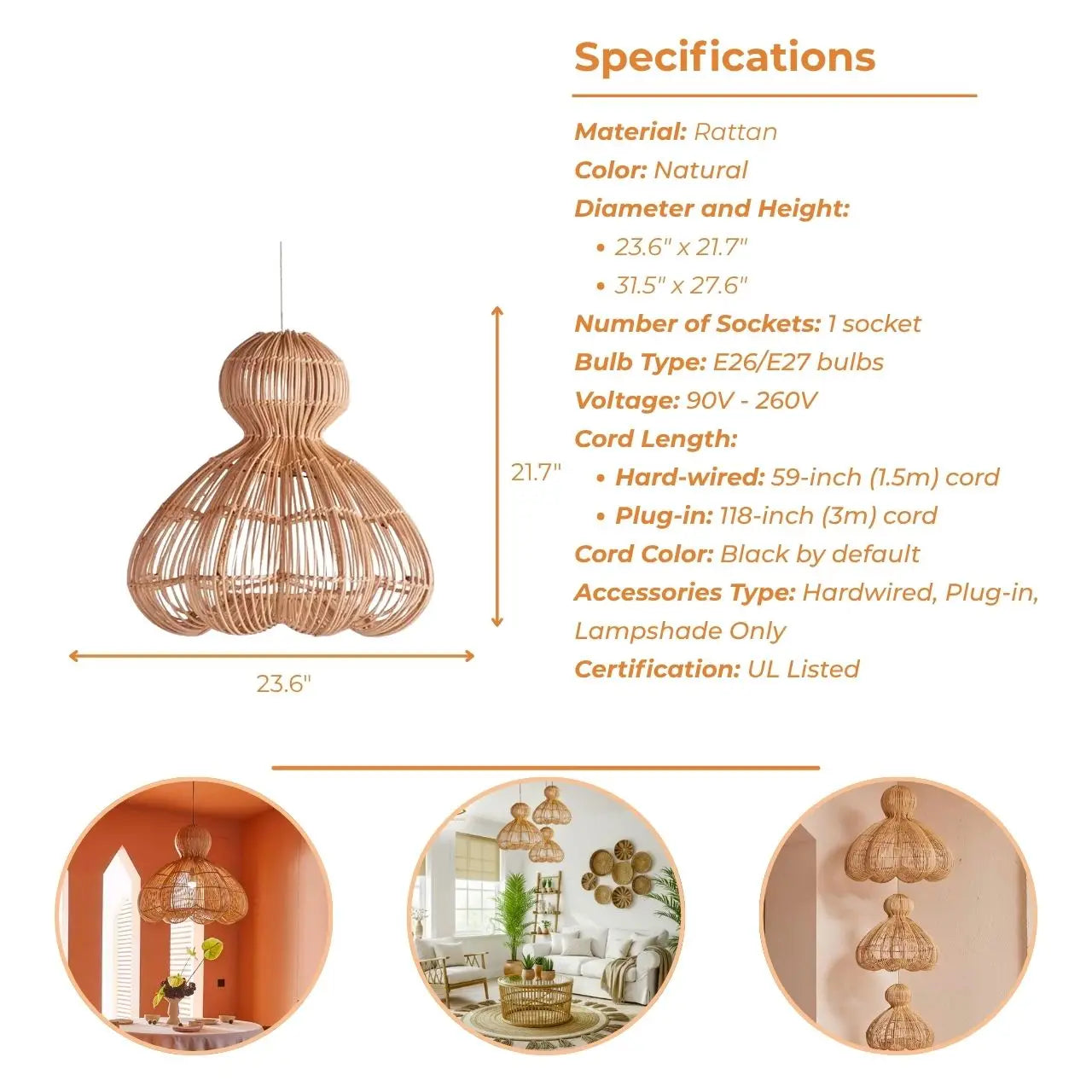 Aurelia Large Rattan Hanging Light's specifications
