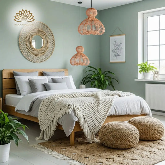 Aurelia Large Rattan Pendant light hanging in the bedroom