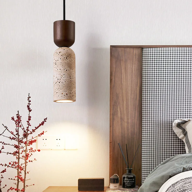 Auren Wabi Sabi Cylinder Stone and Wood Pendant Light for Bedroom