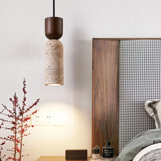 Auren Wabi Sabi Cylinder Stone and Wood Pendant Light for Bedroom