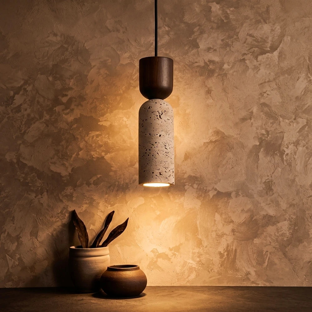 Auren Wabi Sabi Cylinder Travertine Stone and Wood Pendant Light
