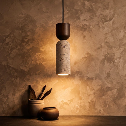 Auren Wabi Sabi Cylinder Travertine Stone and Wood Pendant Light