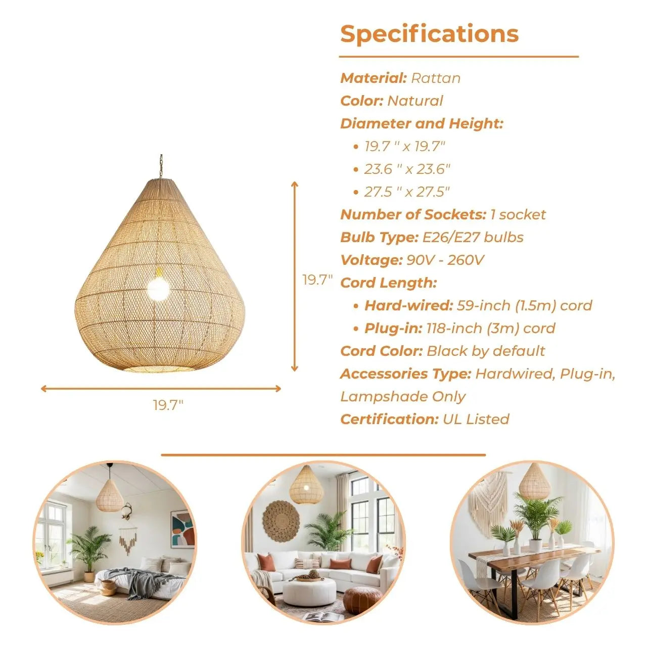 Ayanna Rattan Teardrop Pendant Light's specifications
