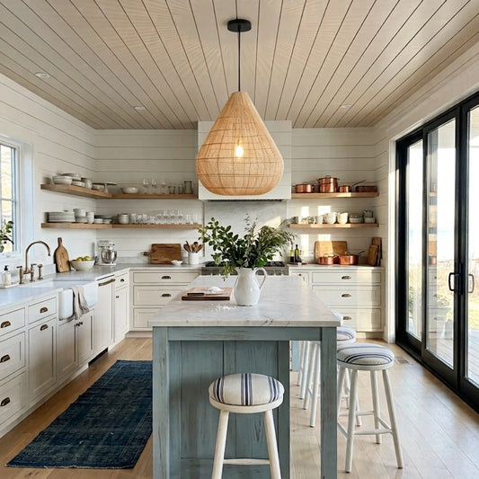 Ayanna Teardrop Rattan Pendant Light in Coastal Kitchen Island