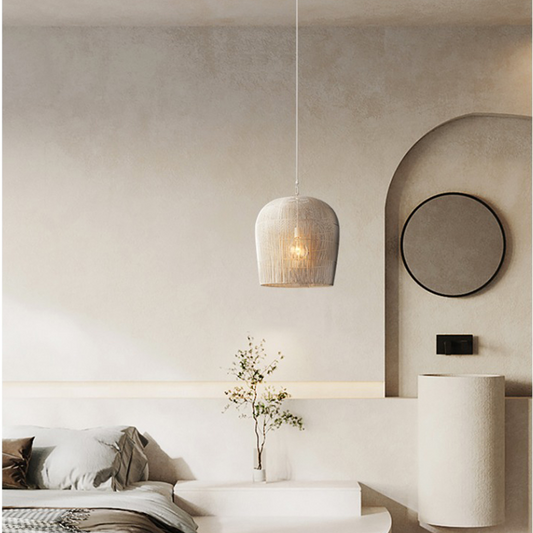 Cabrillo White Wabi Sabi Rattan Pendant Light in bedroom