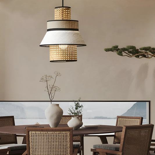 Singapour Cylinder Tiered Rattan Pendant Light