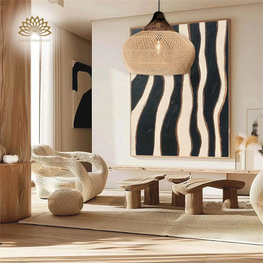 Bathari Rattan Pendant Light in a Wabi Sabi Living Room