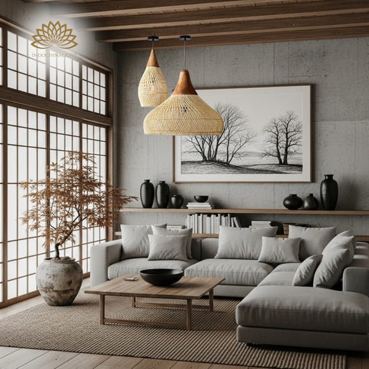 Bathari Wabi Sabi Rattan Pendant Light above living room table