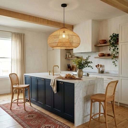 Bathari Wabi Sabi Rattan Pendant Light in Boho Kitchen Island