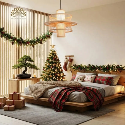 Bayou Tiered Bamboo Pendant Light Over Christmas Bedroom
