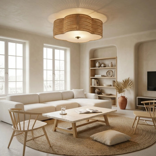 Beachcrest Boho Rattan Ceiling Light in Coastal Kitchen Island
