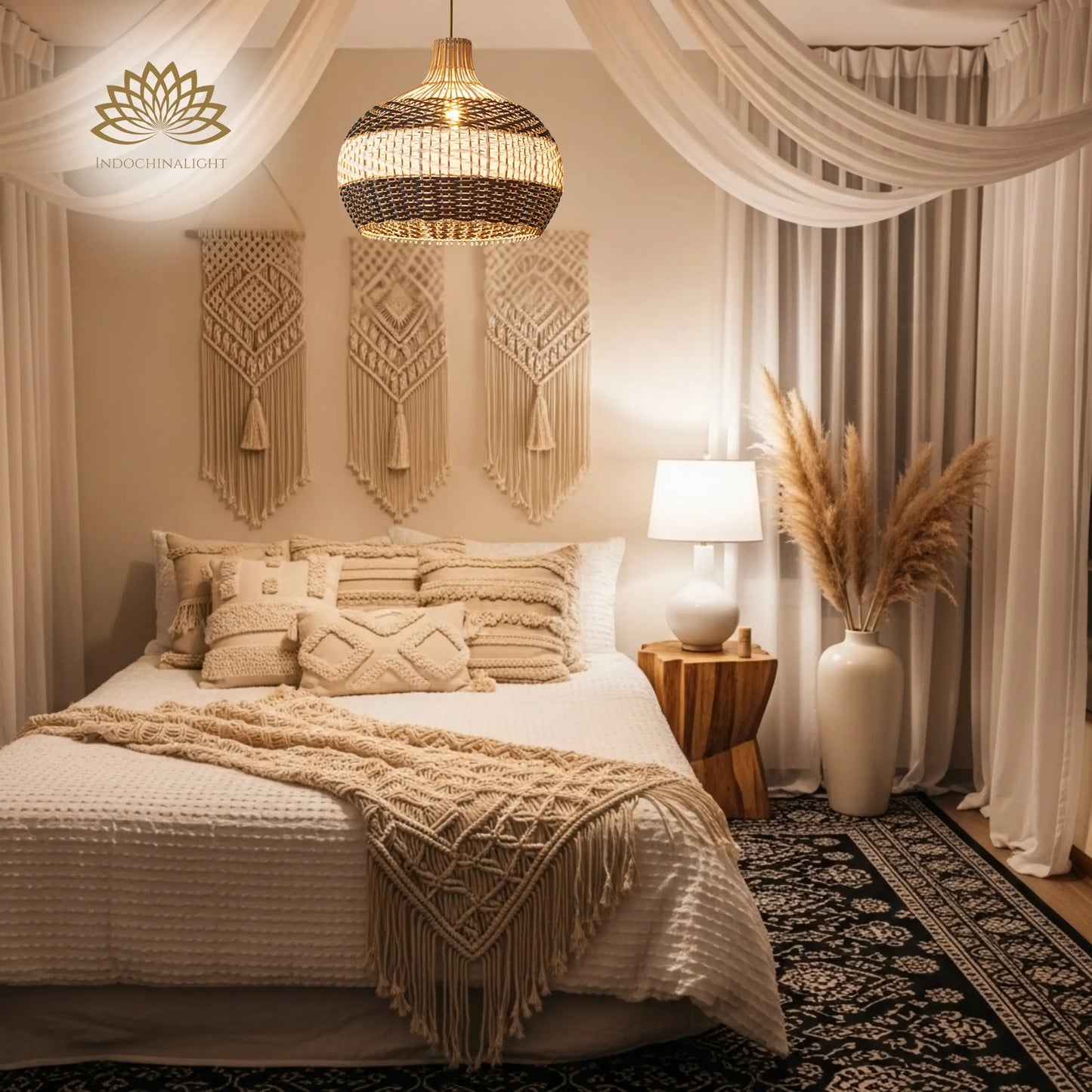 Beatrice Black and White Dome Basket Rattan Pendant Light in the bedroom