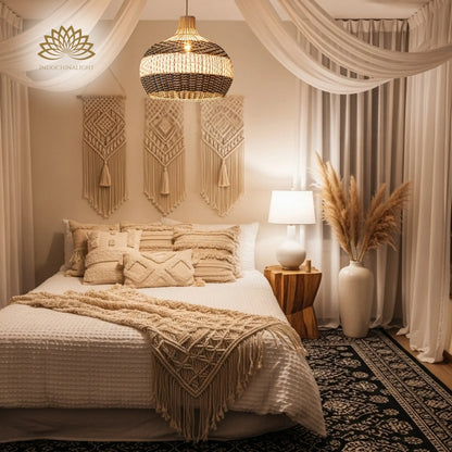 Beatrice Black and White Dome Basket Rattan Pendant Light in the bedroom