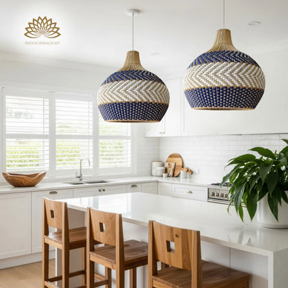 Beatrice Blue and white Dome Basket Rattan Light Fixture over kitchen island