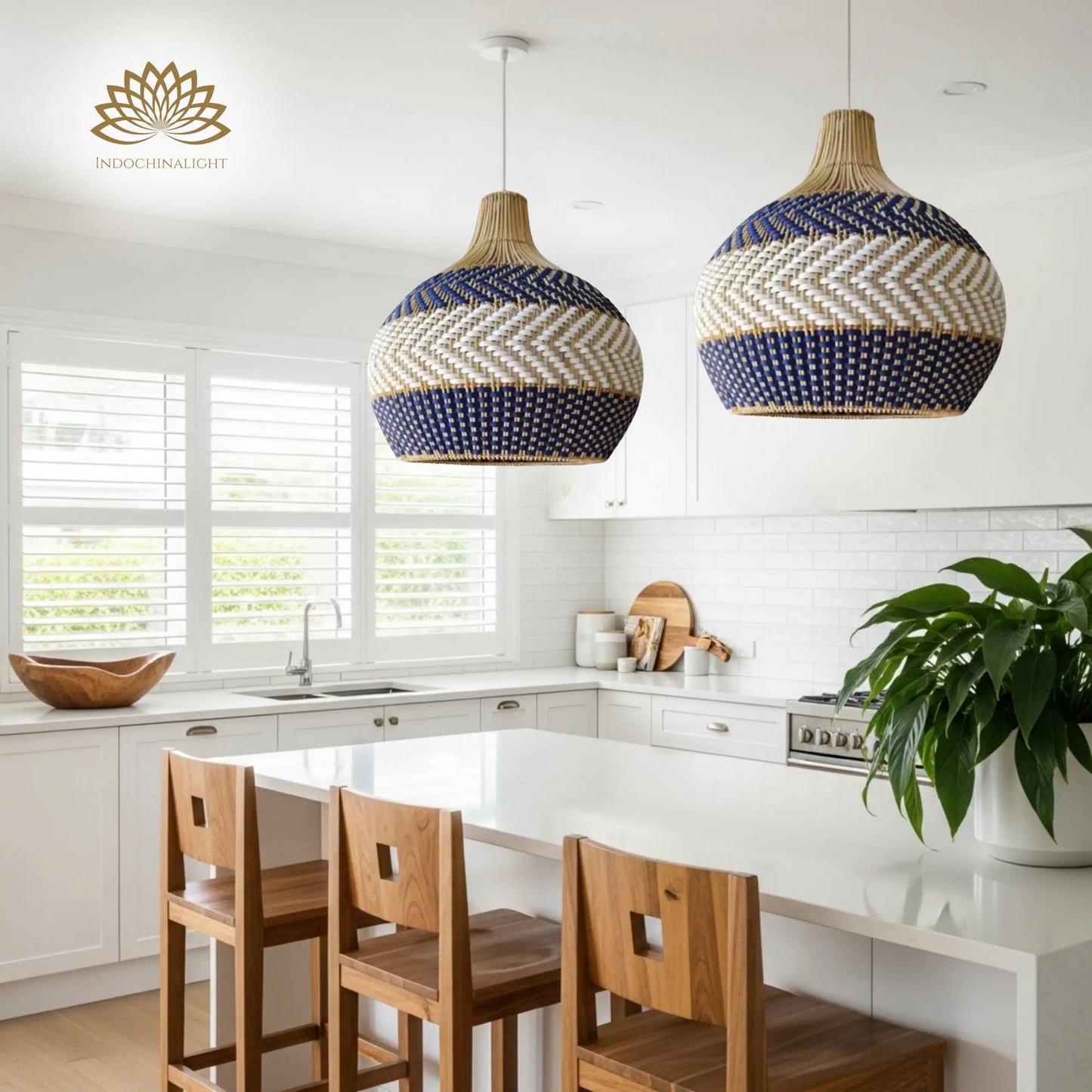 Beatrice Blue and white Rattan Light Fixture over kitchen island