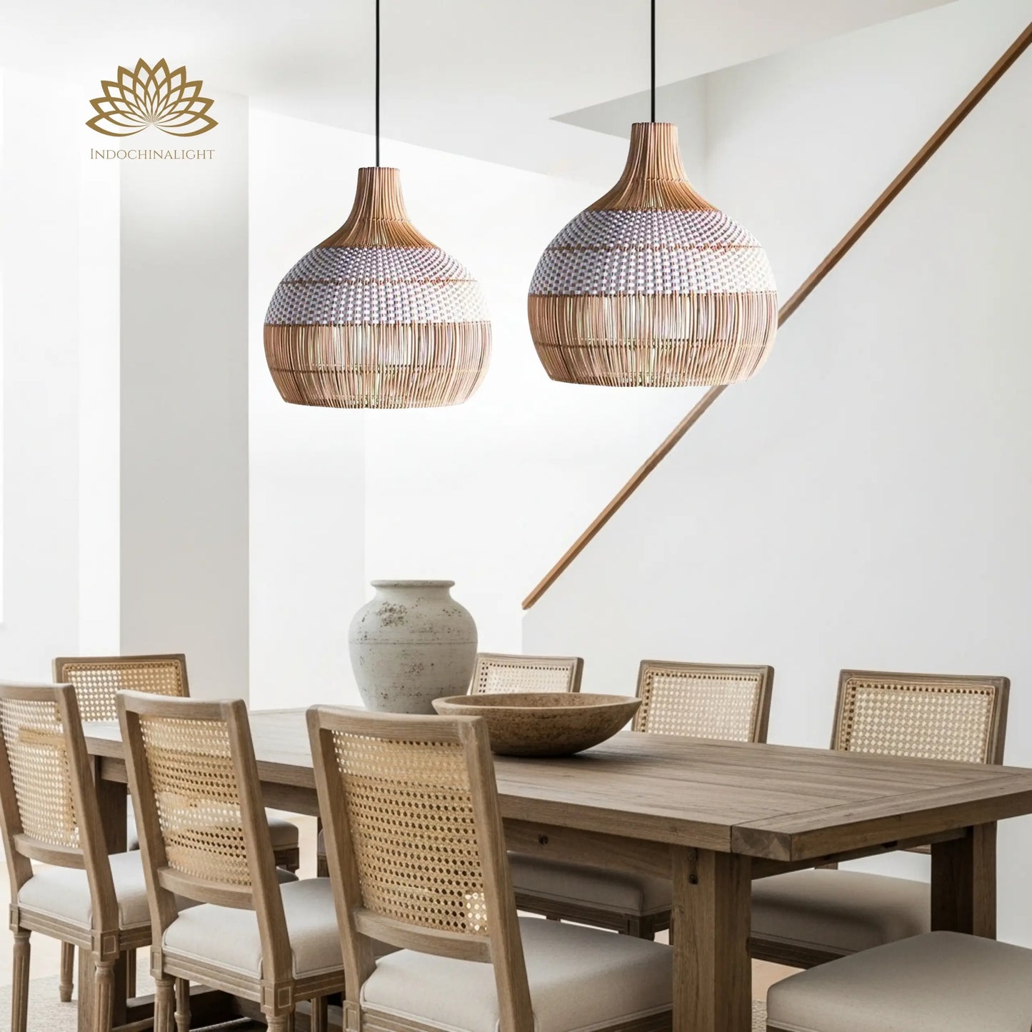 Beatrice White Dome Basket Rattan Pendant Light Hanging over dining table