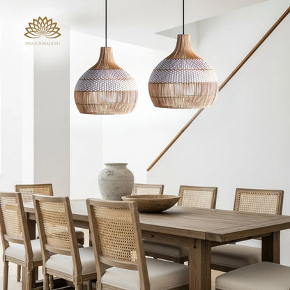 Beatrice White Dome Basket Rattan Pendant Light Hanging over dining table